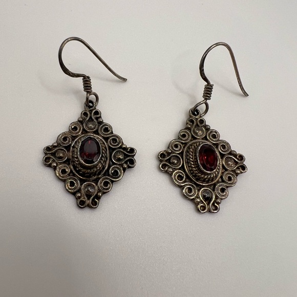 Jewelry - Vintage Ornate Garnet Sterling Silver 925 Dangling Earrings